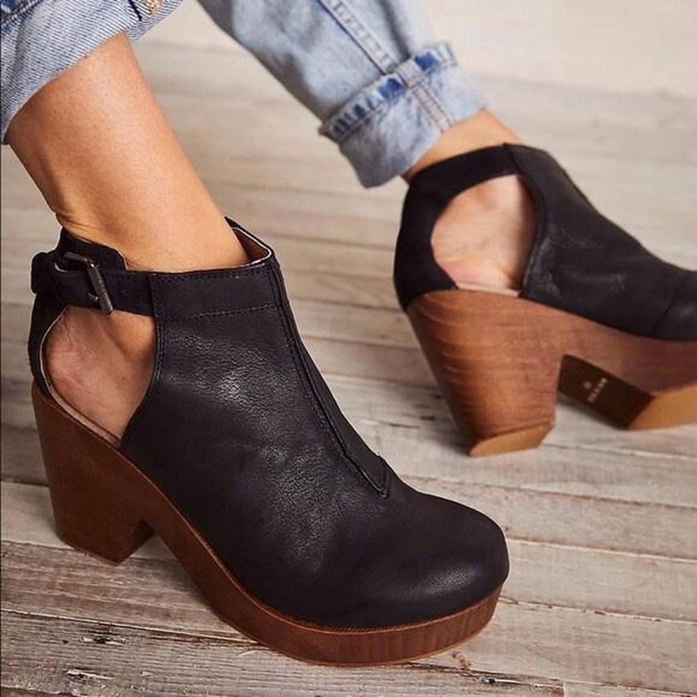 Free People Black Leather Cutout Platform Mules